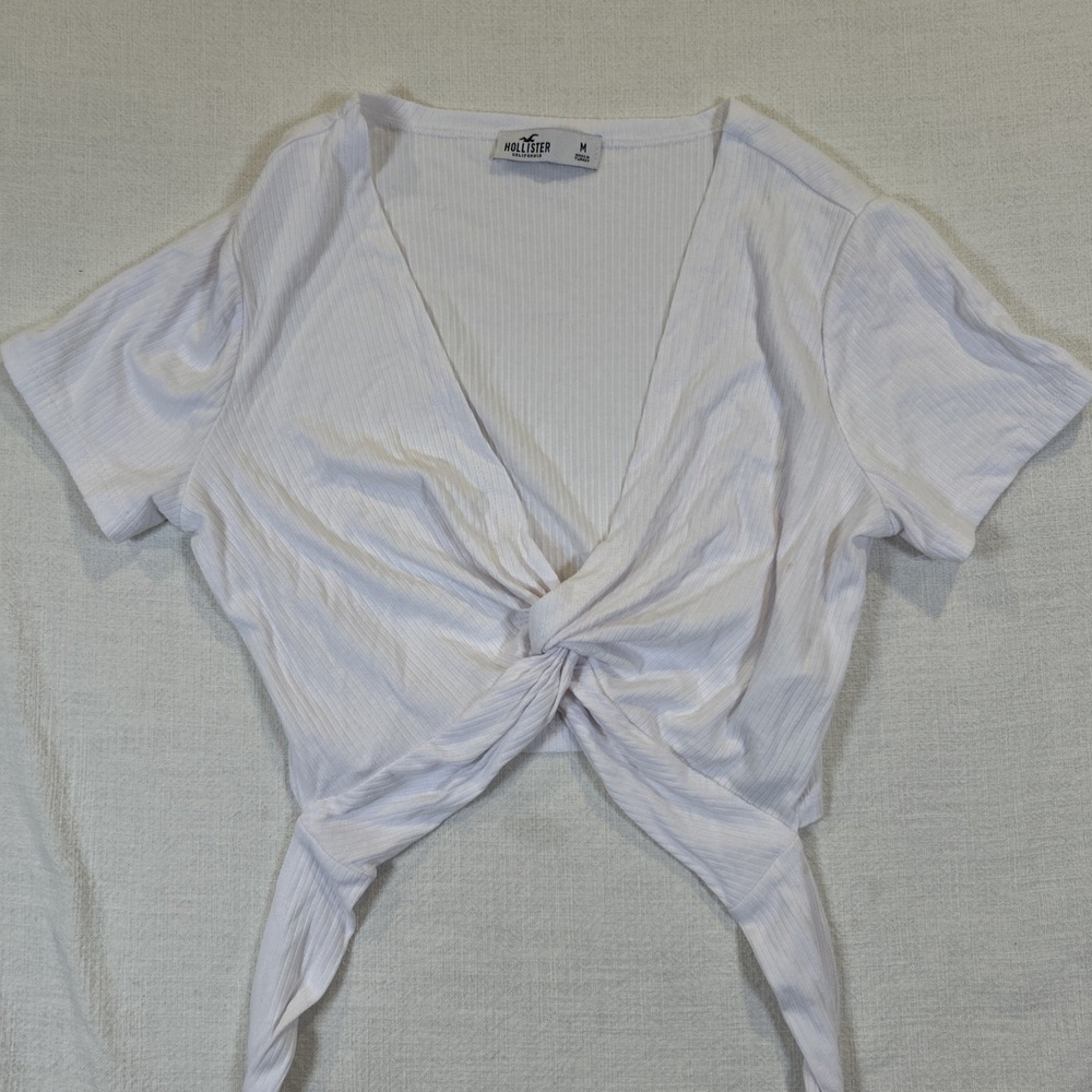 Hollister Women White Short Sleeve Crop Top With Tie Size Medium